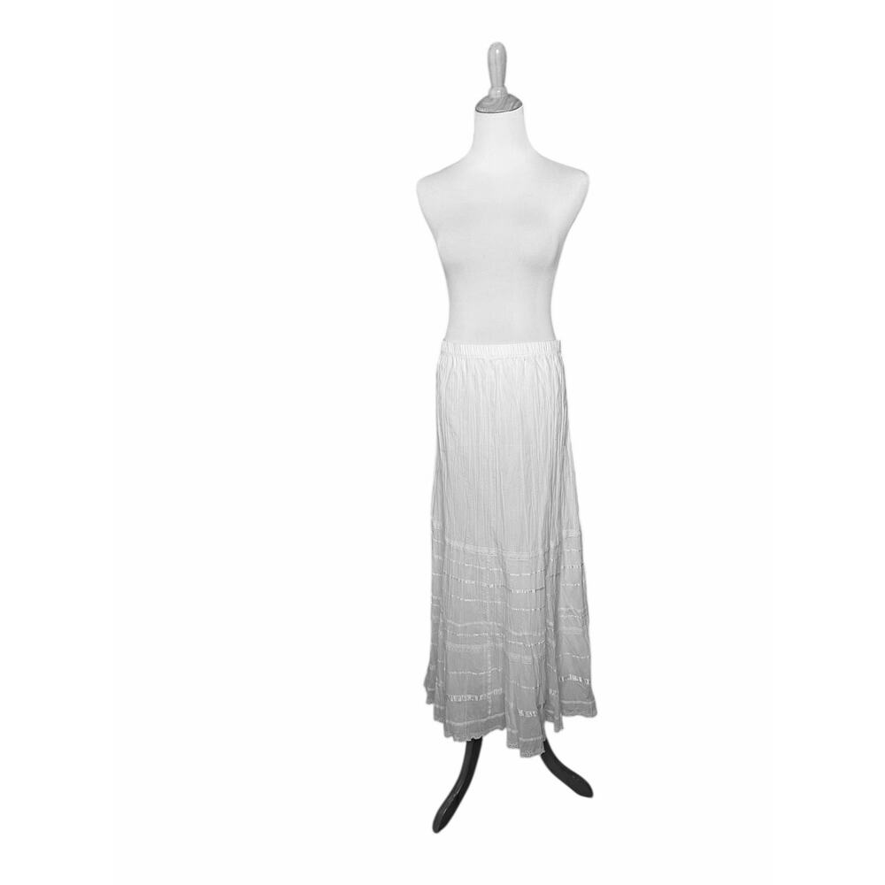 Chico's White 100% Cotton Tiered Pull On Crinkle Maxi Skirt Cottagecore Sz 2 (L) - Picture 2 of 5